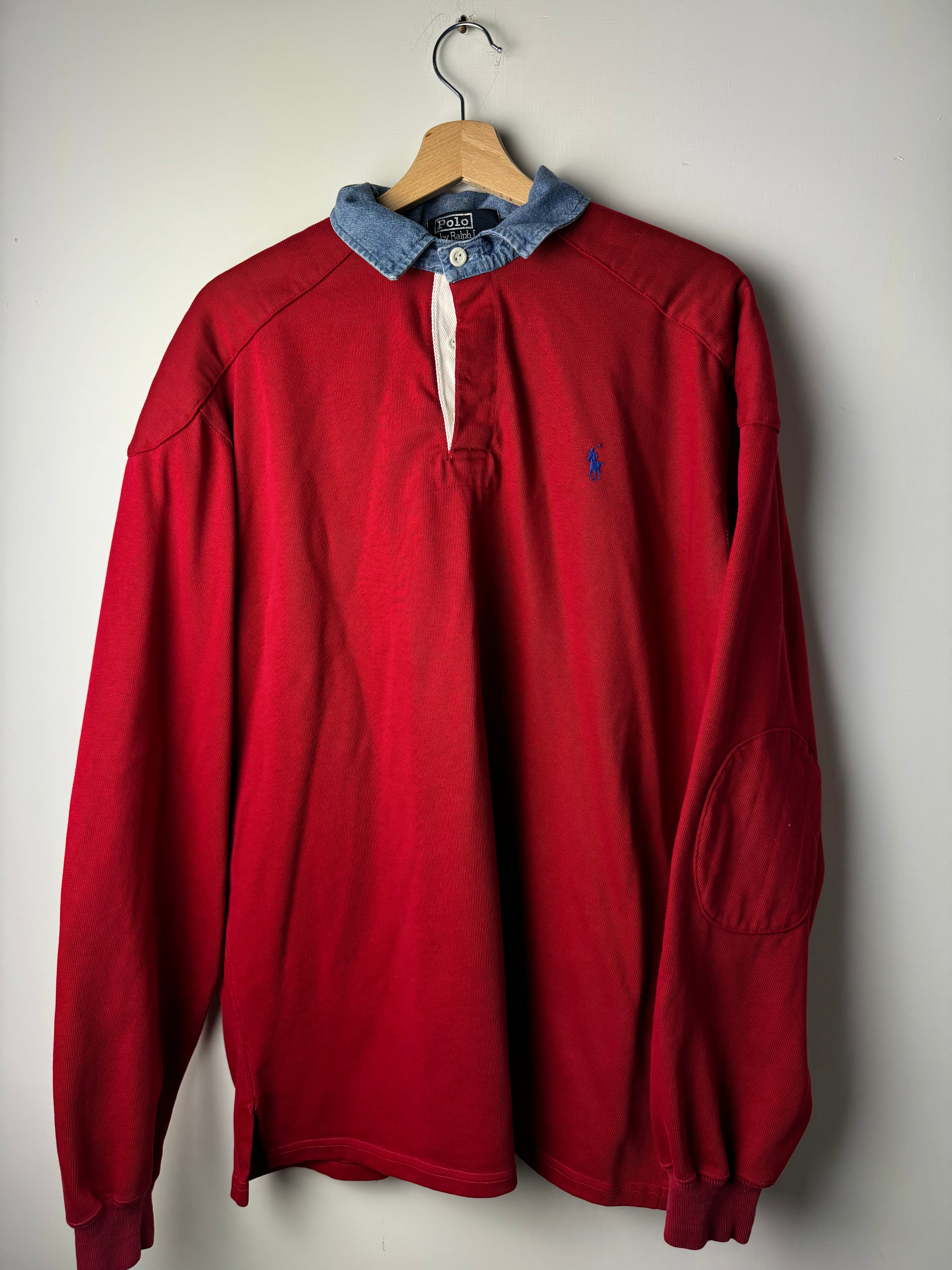 Polo Rugby Ralph Lauren rossa con collo denim - L