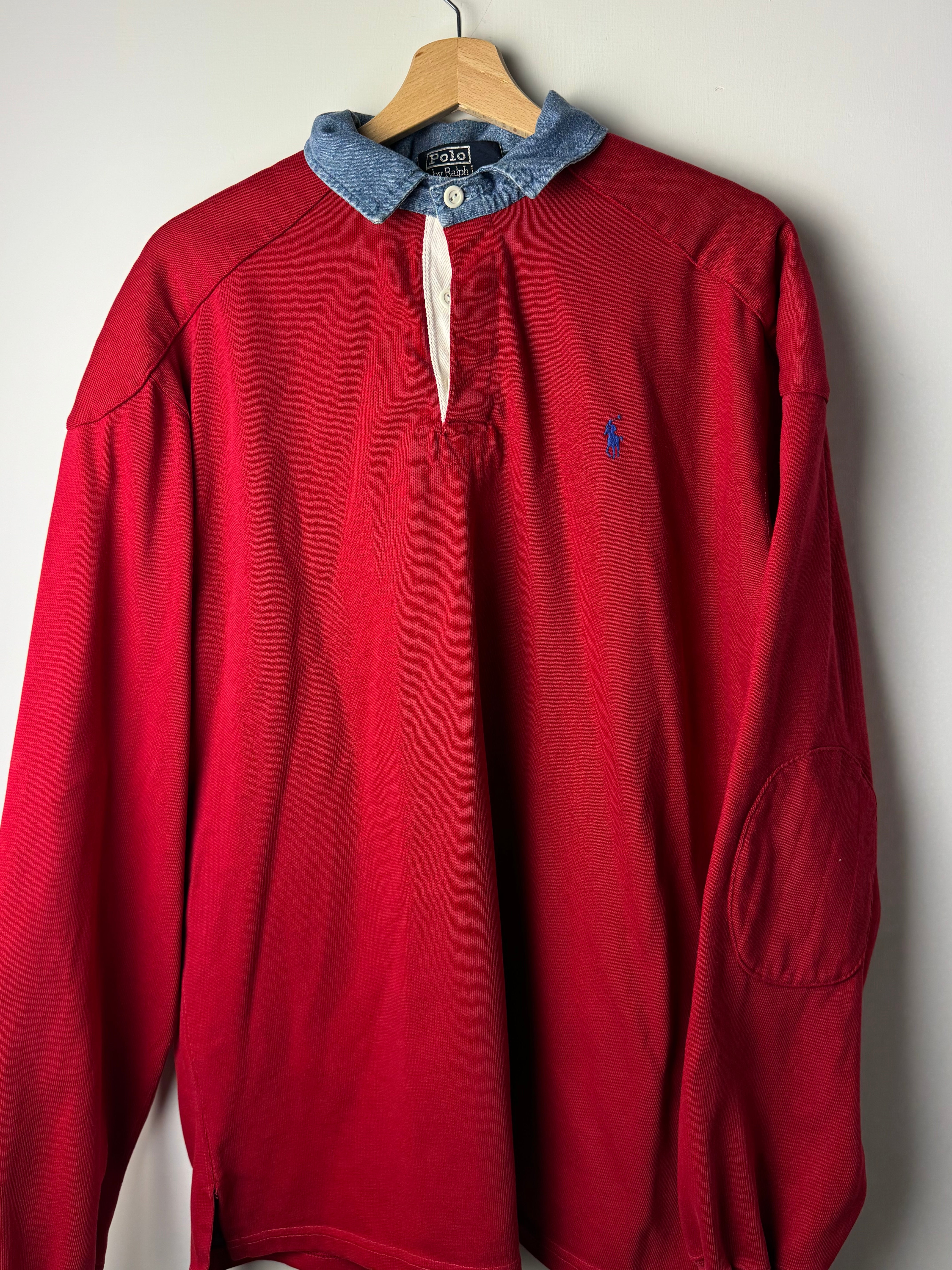 Polo Rugby Ralph Lauren rossa con collo denim - L