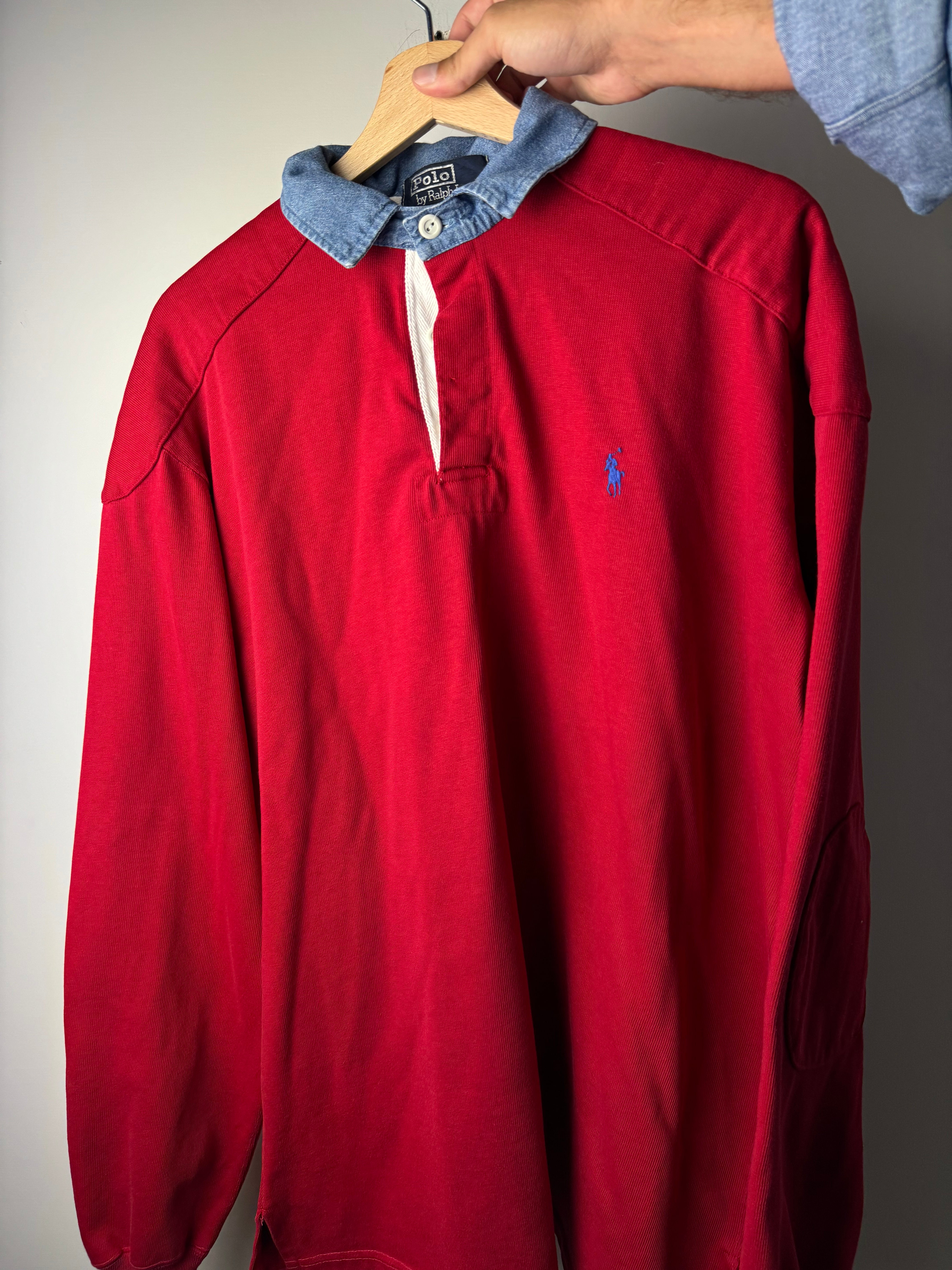 Polo Rugby Ralph Lauren rossa con collo denim - L