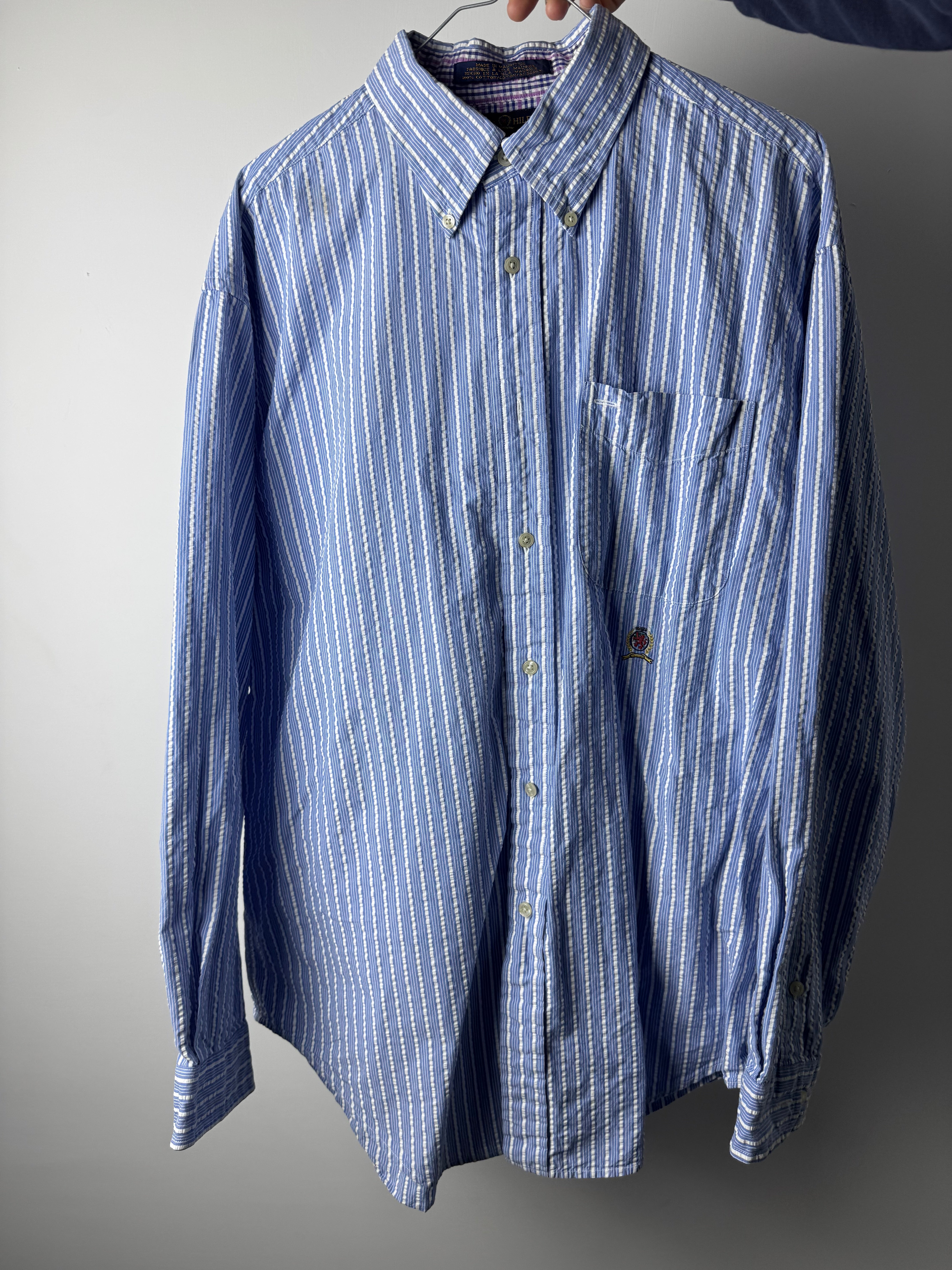 Camicia Tommy Hilfiger multiriga azzurra e bianco - L