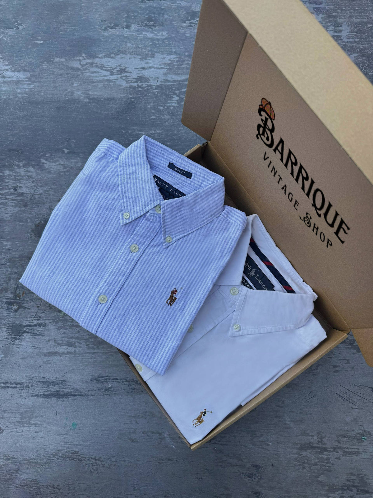 Mystery box con 2 camicie Ralph Lauren vintage originali piegate nella scatola Barrique